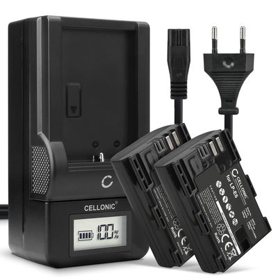 2x LP-E6 LP-E6N Camera Battery + Charger Set for Canon EOS 5D Mark II III IV 5DS R 60D 60Da 6D Mark II 70D 7D Mark II 80D EOS R WFT-E7 2000mAh Replacement Battery LC-E6 CBC-E6 LCD Smart Charger