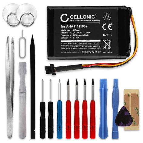 Battery for TomTom Go 600, 60, 61; Start 62, 60; XL 30, 350 AHA11111009 FLB0813007089 VFAS (1200mAh, 3.7V) + Tool-kit 17pcs from CELLONIC