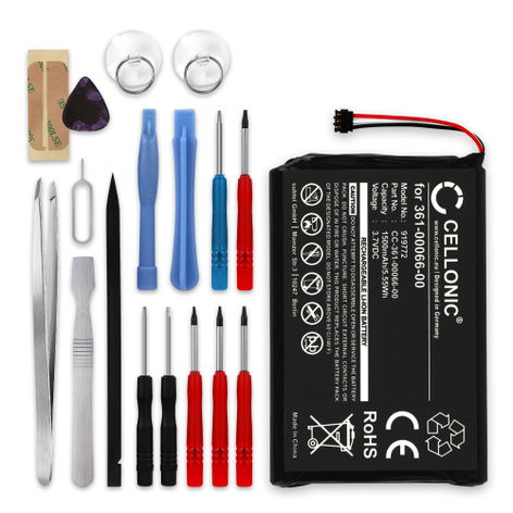 Battery for Garmin Camper 760, 760LM; DEZL 770LM, 760, 760LMT 361-00066-00 361-00066-10 (1500mAh, 3.7V) + Tool-kit 17pcs from CELLONIC