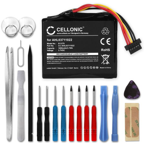 Battery for TomTom 4EH45; 4EJ41; 4EJ51; 4ER41; 4ER51; 4EH52 AHL03711022 VF6M (1000mAh, 3.7V) + Tool-kit from CELLONIC