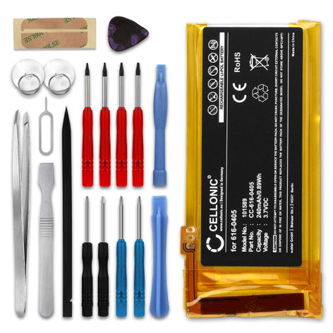 Battery for Apple iPod nano 4 Gen. - A1285 616-0405, 616-0407 (240mAh, 3.7V) + Tool-kit from CELLONIC