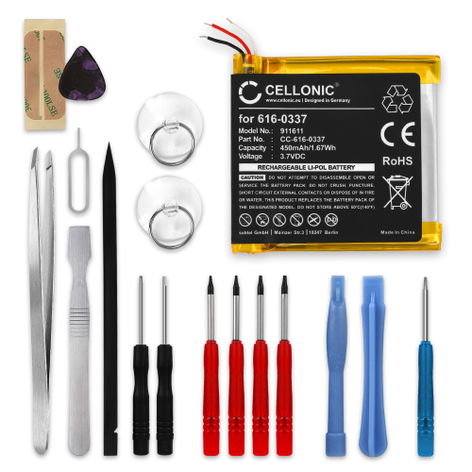 Battery for Apple iPod nano 2 Gen. - A1199 616-0311, 616-0337 (450mAh, 3.7V) + Tool-kit from CELLONIC