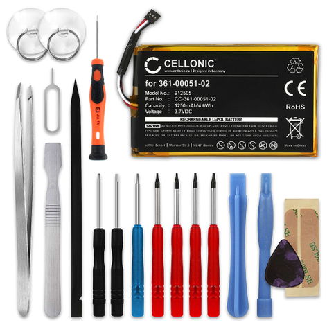 Battery for Garmin SAT NAV; nüvi 2595LMT, 2505; Dezl 560, 560LMT, 570 (1250mAh, 3.7V) + Tool-kit from CELLONIC