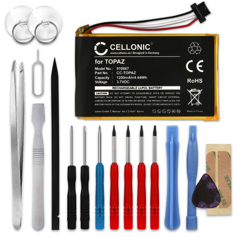 Battery for Navigon 70 Plus, Easy, Premium, Plus Live; 70/71 Topaz TOPAZPCZF1045003501 (1200mAh, 3.7V) + Tool-kit from CELLONIC