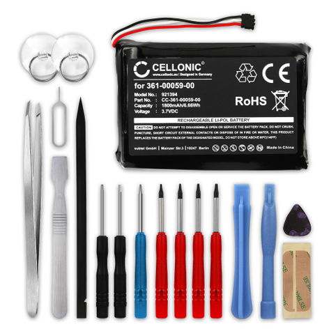 Battery for Garmin Zumo 390LM, 340LM, 350, 350LM, 340LM CE 361-00059-00 (1800mAh, 3.7V) + Tool-kit from CELLONIC