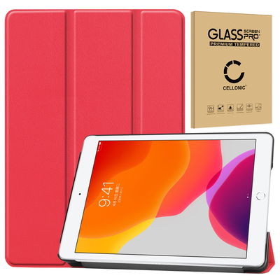 Book Tablet Case with Stand for Apple iPad 10.2 2019, 2020, 2021 (7th, 8th, 9th Gen) Synthetic Leather Protective Folding Flip Folio Wallet Tri Fold Bookcase Cover Sleeve - Red