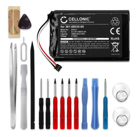 Battery for Garmin Edge 810, 800, Touring Plus; nüvi 2595LMT 361-00035-00 361-00035-02 (1000mAh, 3.7V) + Tool-kit from CELLONIC
