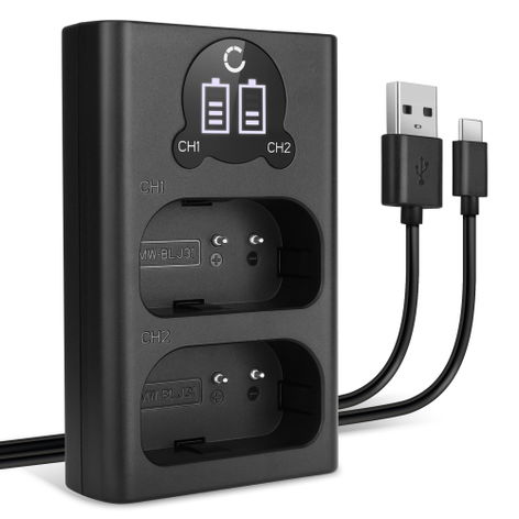 USB Dual Battery Charger for Panasonic Lumix DC-S1, DC-S1H, DC-S1M2, DC-S1M2ES – charges 2x DMW-BLJ31 batteries, 8.4W, 1m + USB Cable from CELLONIC