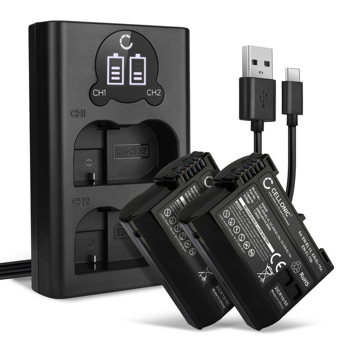 2x Battery EN-EL15 + Dual Charger for Nikon D850 D750 1 V1 D7500 D7200 D800 D810 D7100 from CELLONIC