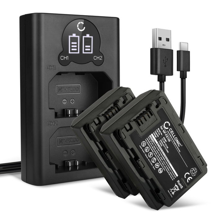 2x CELLONIC Camera Battery for Sony A7 IV, A7C, A6700, A6600, A7S III, Alpha 1, A9, Alpha 7R III, 7R V Replacement NP-FZ100 Battery 2040mAh Backup + Dual Charger BC-QZ1
