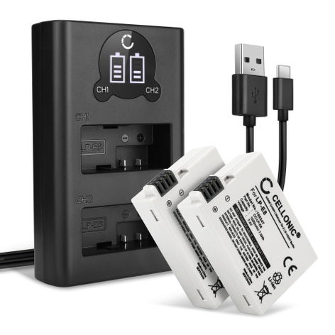 2x Battery for Canon EOS 550D, 600D, 650D, 700D, Kiss X4, Kiss X5 LP-E8 (1020mAh, 7.4V) + Dual Charger from CELLONIC