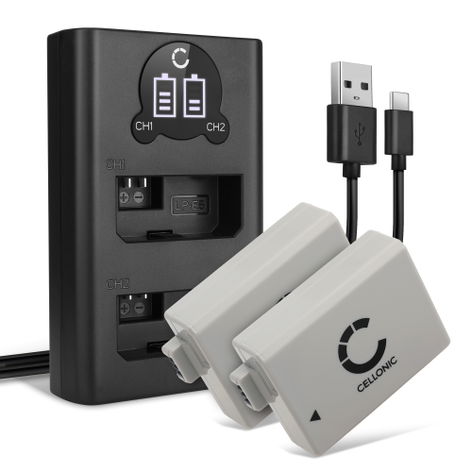 2x Battery for Canon EOS 1000D, 450D, 500D, Rebel T1i, Rebel XS LP-E5 (1020mAh, 7.4V) + Dual Charger from CELLONIC
