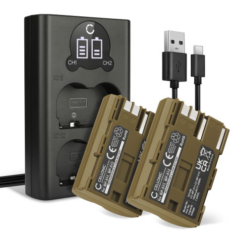 2x Battery for Canon PowerShot G5, G6, G2, Pro1, G3, G1; MV700 BP-511 BP-508 (1600mAh, 7.4V) + Dual Charger from CELLONIC