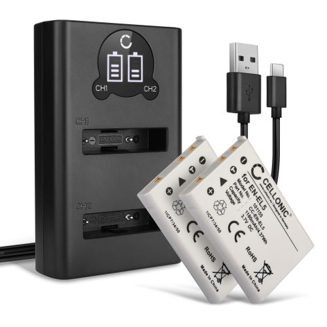 2x Battery for Nikon Coolpix P510, P520, P500, P100, P90, 6000, P530 (1180mAh, 3.7V) + Dual Charger from CELLONIC