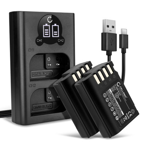 2x Battery for Panasonic Lumix G9, GH5S; GH6; DC-GH6GK; DC-GH6LGK DMW-BLK22 (2250mAh, 7.4V) + Dual Charger from CELLONIC