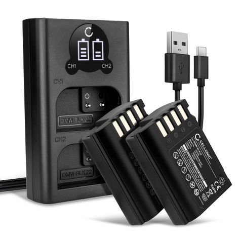 2x Battery for Panasonic Lumix GH5, G9, GH5S, DC-G9 II, DC-GH5 II DMW-BLK22 (1600mAh, 7.4V) + Dual Charger from CELLONIC