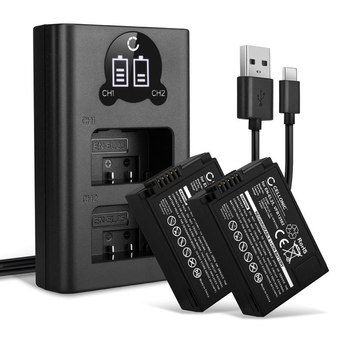 2x CELLONIC Camera Battery for Nikon Z fc / Z 50 / Z 30 Replacement EN-EL25, VFB12502 Battery 1280mAh Backup + Dual Charger MH-32