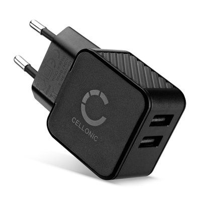 CELLONIC 2 Port USB Charger 5V 3.4A 17W Fast Smart Charging Mains Wall Double USB Adapter Outlet Socket 100V-240V for Mobile Phone, Tablet, Speakers, Powerbank - Black