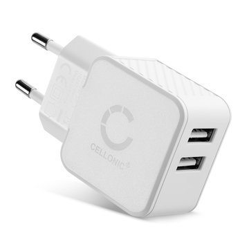 2 Port USB Charger 5V 3.4A 17W Fast Smart Charging Mains Wall Double USB Adapter Outlet Socket 100V-240V for Mobile Phone, Tablet, Speakers, Powerbank - White