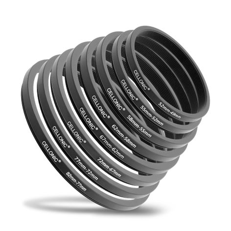 8-Piece Step Down Ring Set Camera Filter Adapter 82-77mm 52-49mm for Canon, Nikon, Sony, FujiFilm, Olympus Lenses from CELLONIC