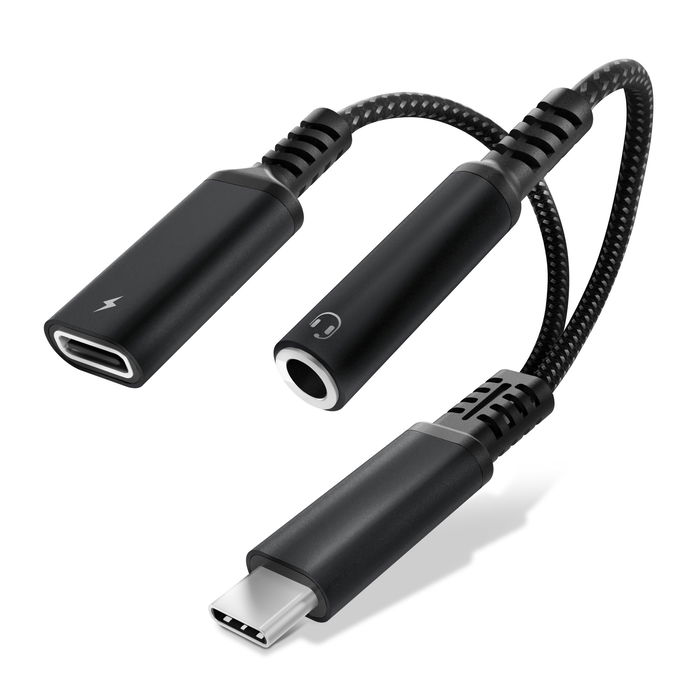 CELLONIC 2-in-1 Headphone Adapter - USB C to Headphone Jack 3.5mm Aux Splitter Audio and Charger 60W PD USB-C Fast Charging Cable For iPhone, Samsung, Phone, Headset, Earphones - Black
