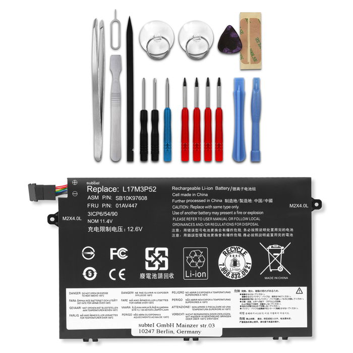 Battery for Lenovo Thinkpad E480, E485, E490, E580, E585, E590, E595, R480, R580 11.4V 4100mAh + Tool-kit from subtel