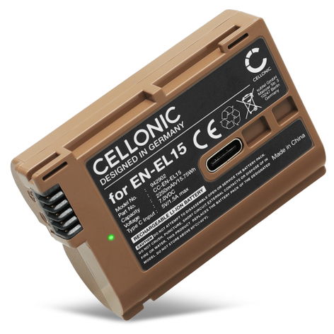 Battery for Nikon D850; 1 V1; D750 EN-EL15b EN-EL15a (2250mAh, 7.4V) with USB-C port from CELLONIC
